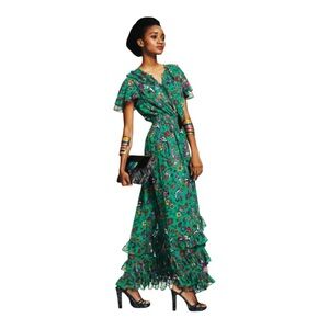 Duro Olowu Maxi Dress Floral Green Paisley Ruffle Ruched Waist Flowy Sz L Large